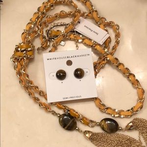NWT WHBM long gold necklace w stud earrings.
